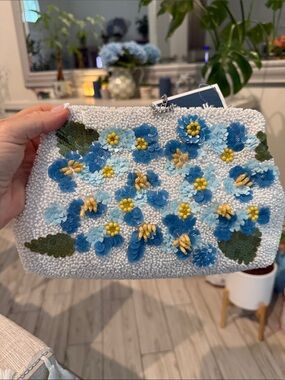 Marshalls White Beaded Clutch with Blue and Yellow Floral Appliqués